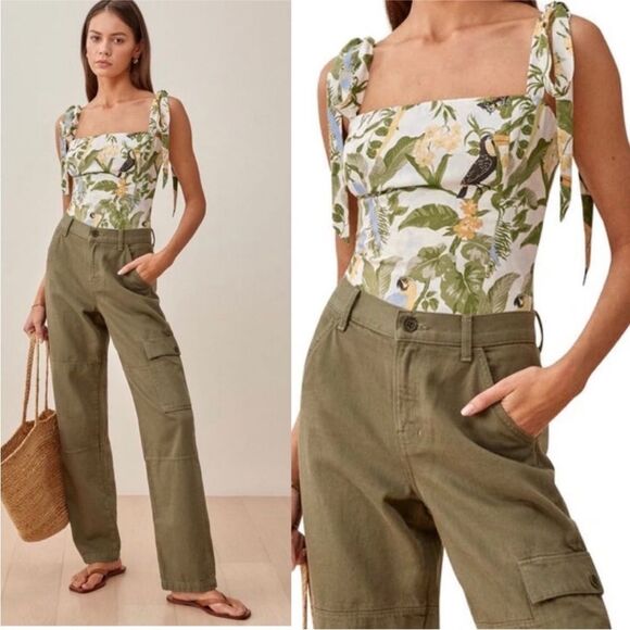 REFORMATION Ellora Crop Tank Top In Tropics Green Floral Leaf Print Size 10 - Picture 1 of 7